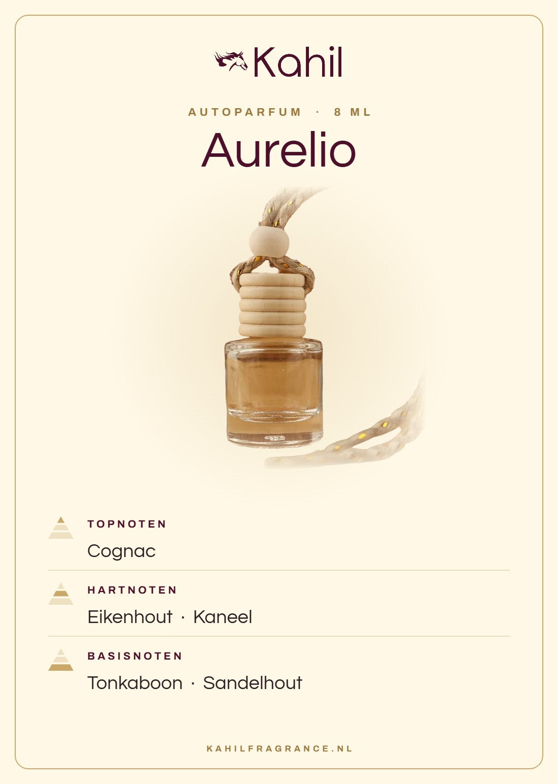Geurnoten van Kahil Aurelio autoparfum: topnoten cognac; hartnoten eikenhout, kaneel; basisnoten tonkaboon, sandelhout