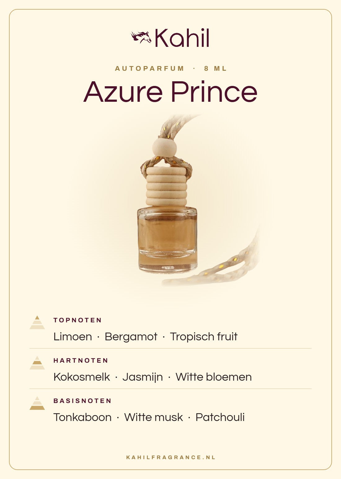 Duftnoten von Kahil Azure Prince Autoparfüm: Kopfnoten Limette, Bergamotte, Tropische Früchte; Herznoten Kokosmilch, Jasmin, Weiße Blüten; Basisnoten Tonkabohne, Weißer Moschus, Patchouli