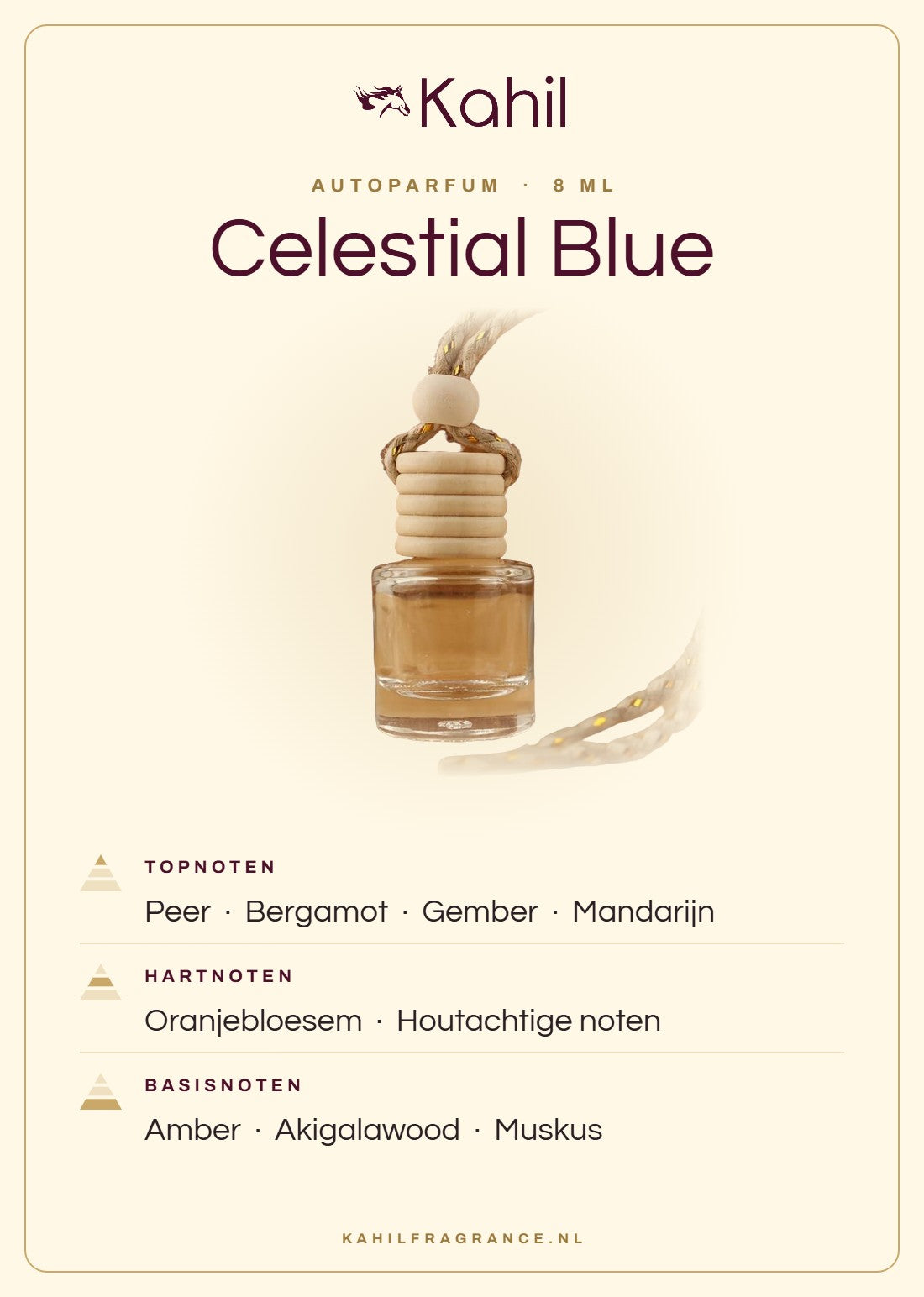 Geurnoten van Kahil Celestial Blue autoparfum: topnoten peer, bergamot, gember, mandarijn; hartnoten oranjebloesem, houtachtige noten; basisnoten amber, akigalawood, muskus