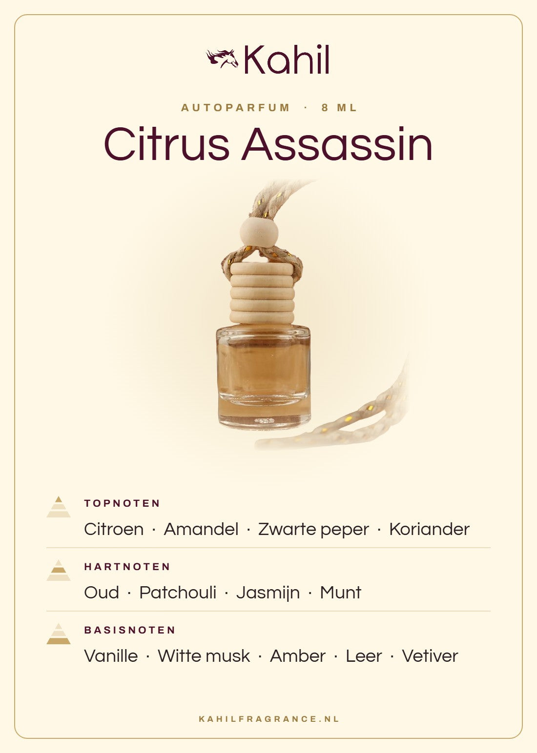 Geurnoten van Kahil Citrus Assassin autoparfum: topnoten citroen, amandel, zwarte peper, koriander; hartnoten oud, patchouli, jasmijn, munt; basisnoten vanille, witte musk, amber, leer, vetiver