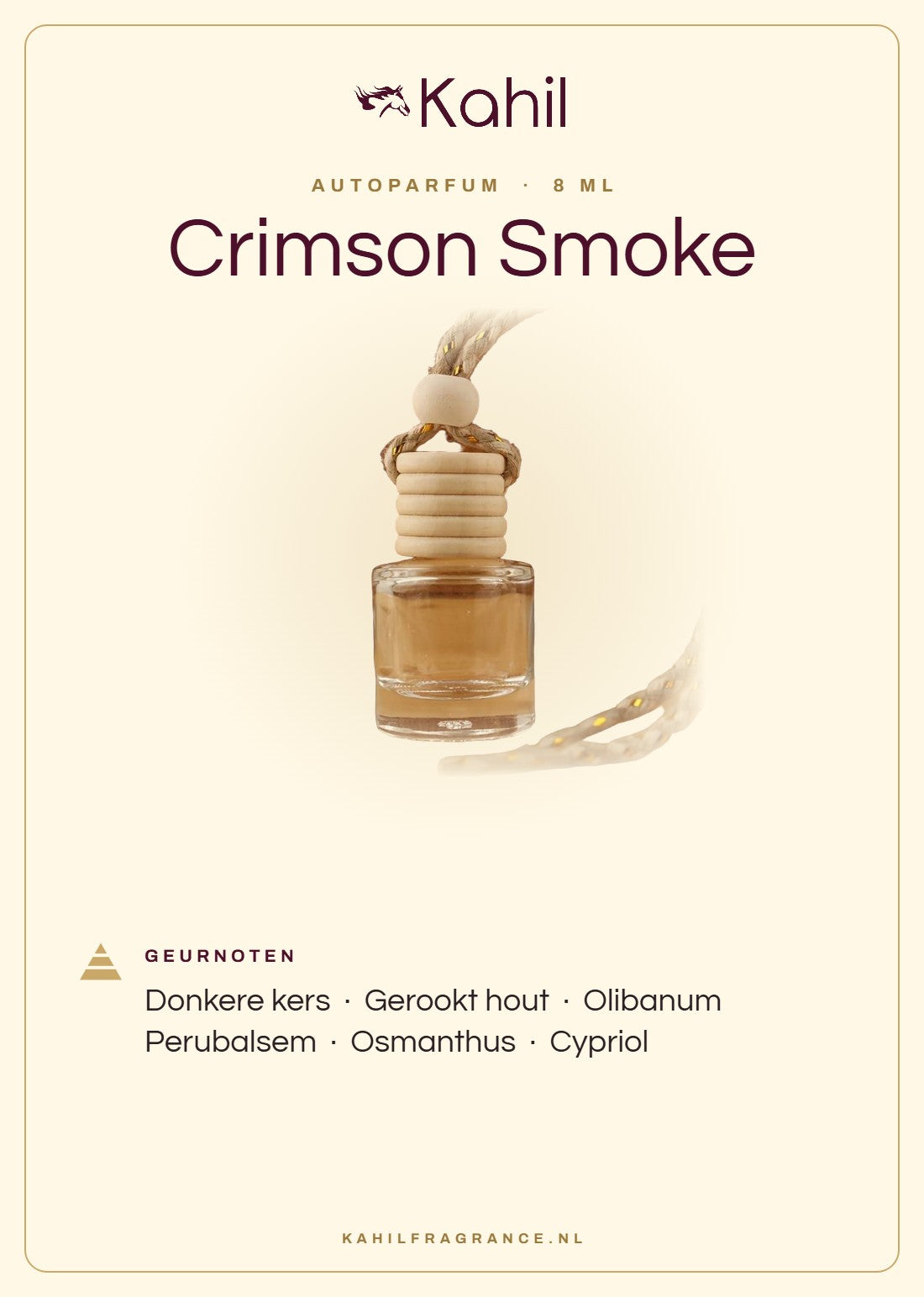 Duftnoten von Kahil Crimson Smoke Autoparfüm: Dunkle Kirsche, Rauchiges Holz, Olibanum, Perubalsam, Osmanthus, Cypriol