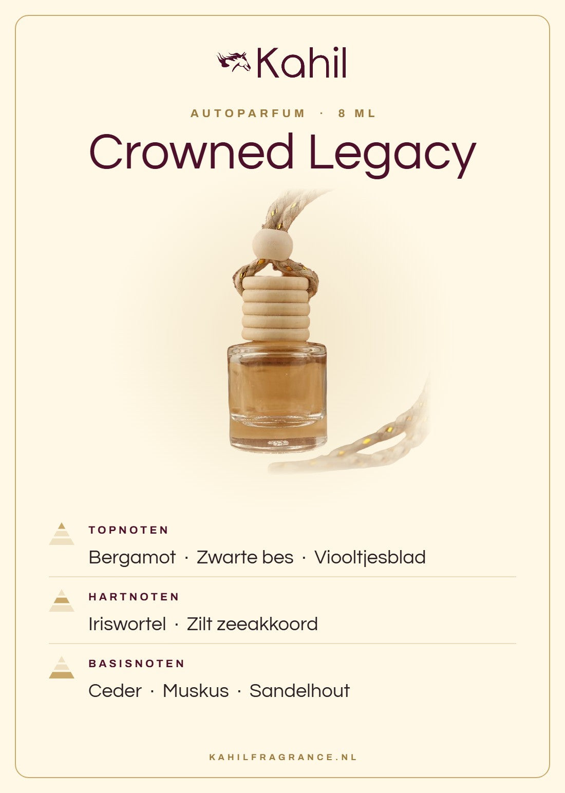 Fragrance notes of Kahil Crowned Legacy car perfume: top notes bergamot, blackcurrant, violet leaf; heart notes orris, salty marine accord; base notes cedar, musk, sandalwood