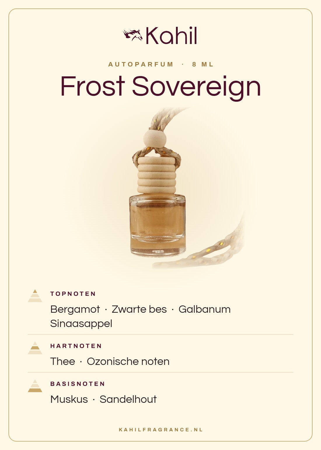 Geurnoten van Kahil Frost Sovereign autoparfum: topnoten bergamot, zwarte bes, galbanum, sinaasappel; hartnoten thee, ozonische noten; basisnoten muskus, sandelhout