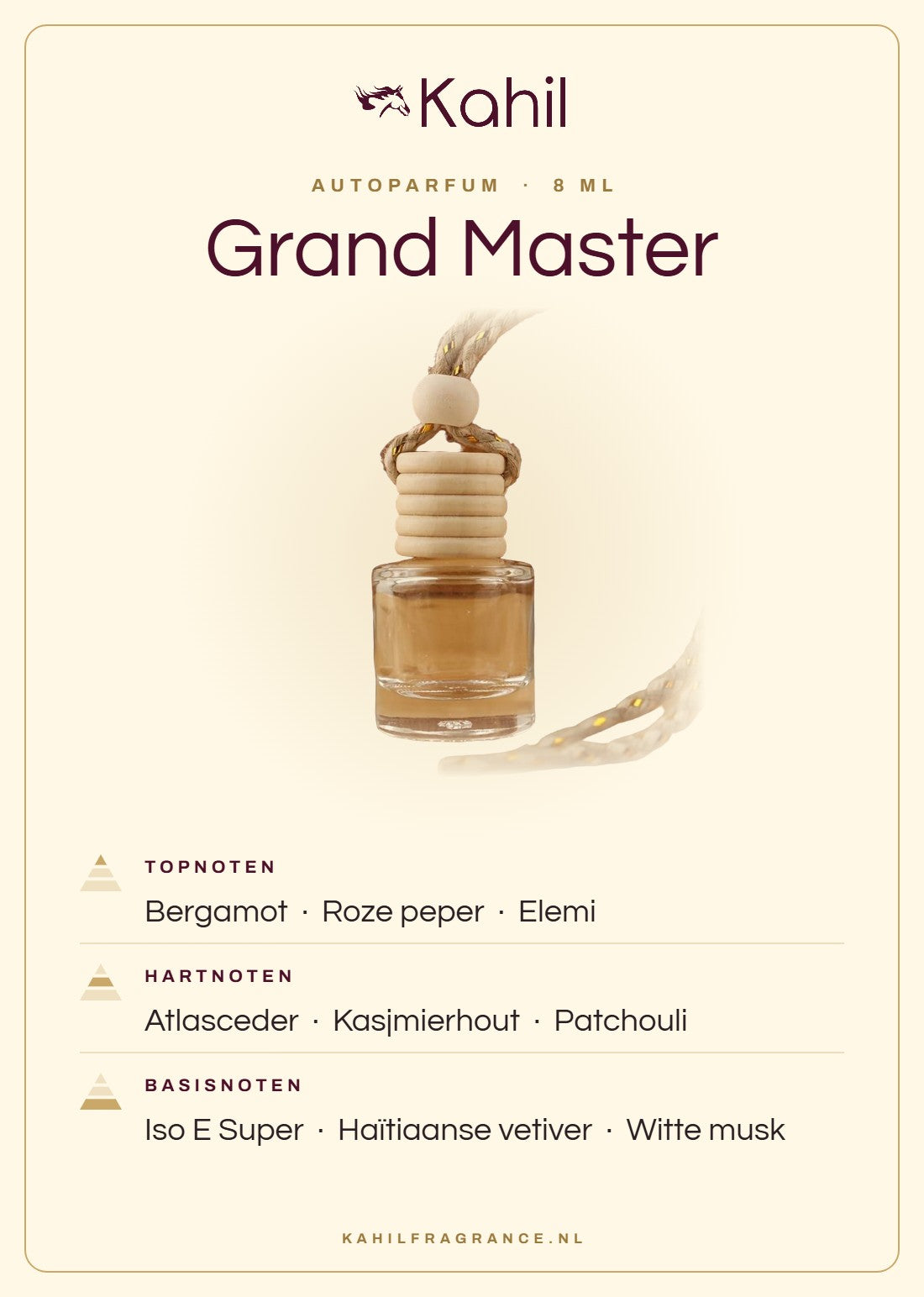 Fragrance notes of Kahil Grand Master car perfume: top notes bergamot, pink pepper, elemi; heart notes Atlas cedar, cashmere wood, patchouli; base notes Iso E Super, Haitian vetiver, white musk