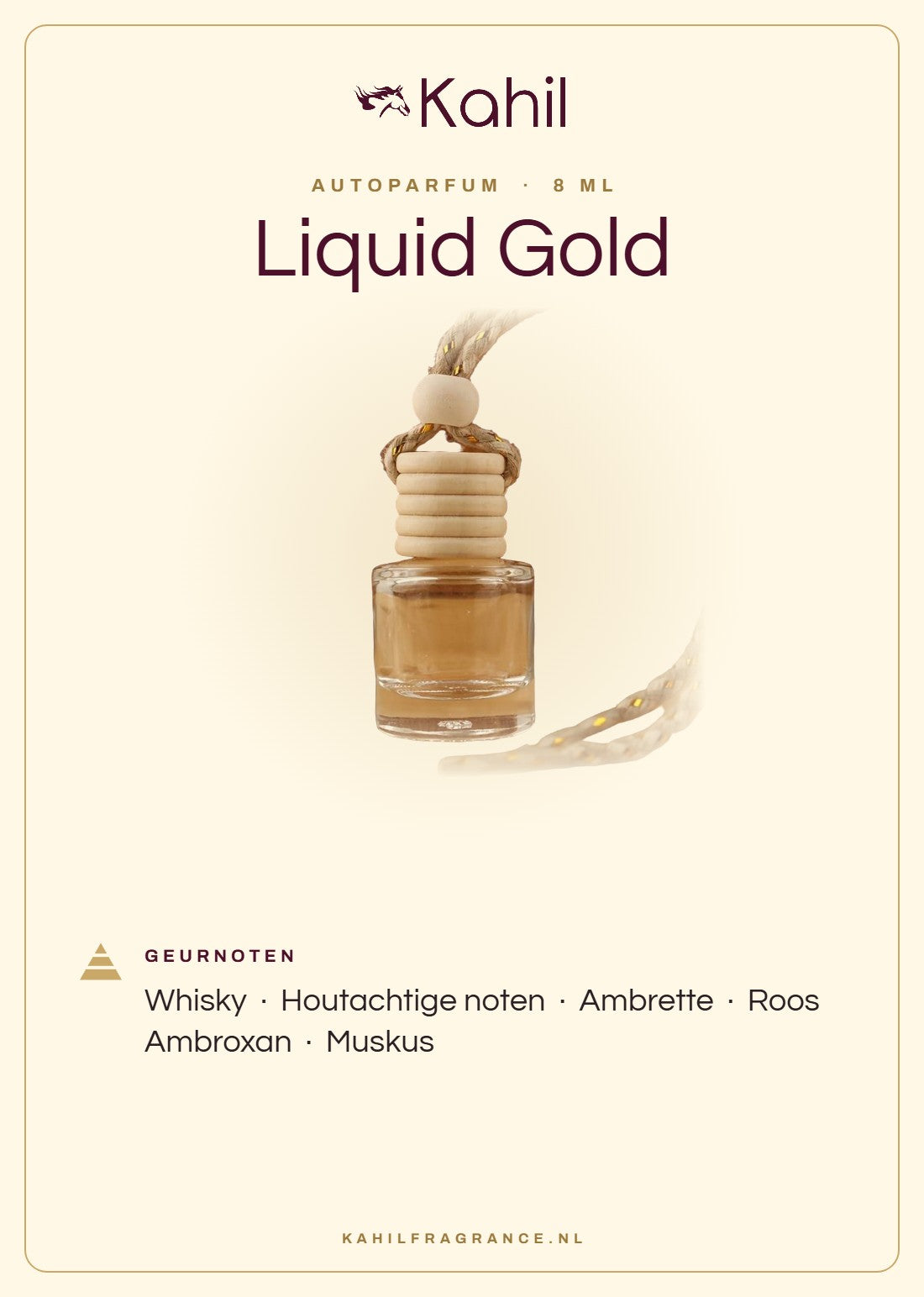 Fragrance notes of Kahil Liquid Gold car perfume: whiskey, woody notes, ambrette, rose, ambroxan, musk