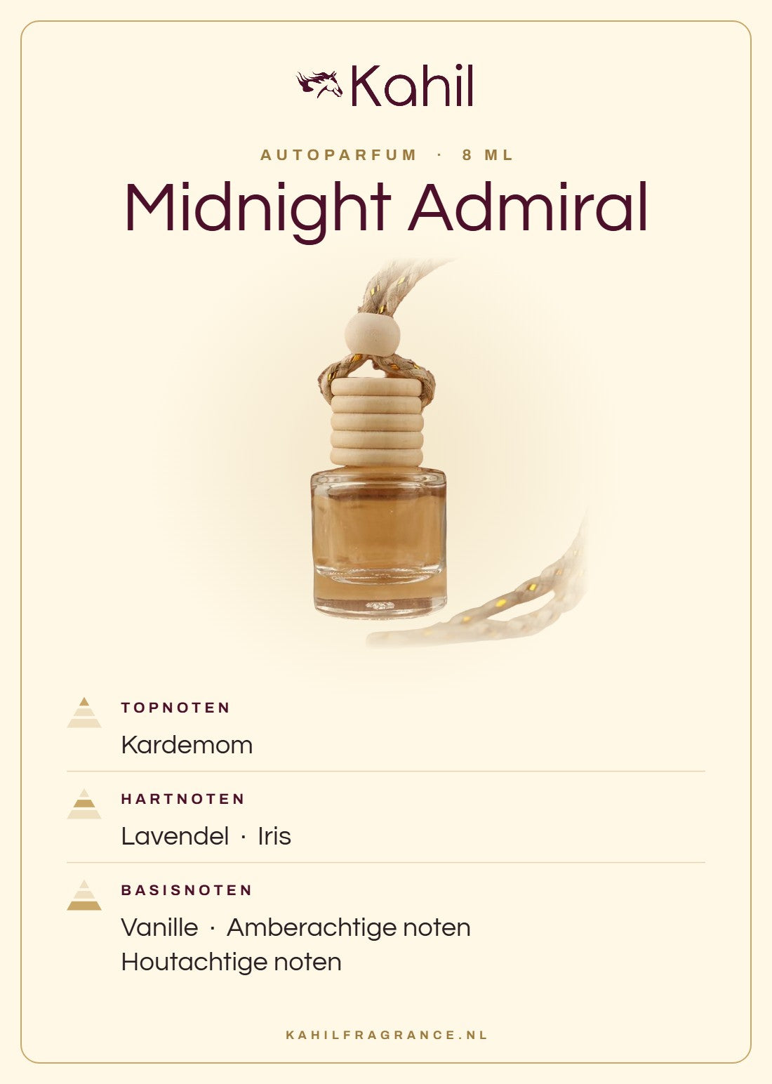 Geurnoten van Kahil Midnight Admiral autoparfum: topnoten kardemom; hartnoten lavendel, iris; basisnoten vanille, amberachtige noten, houtachtige noten