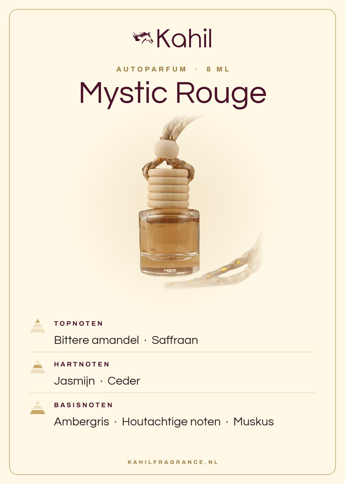 Geurnoten van Kahil Mystic Rouge autoparfum: topnoten bittere amandel, saffraan; hartnoten jasmijn, ceder; basisnoten ambergris, houtachtige noten, muskus