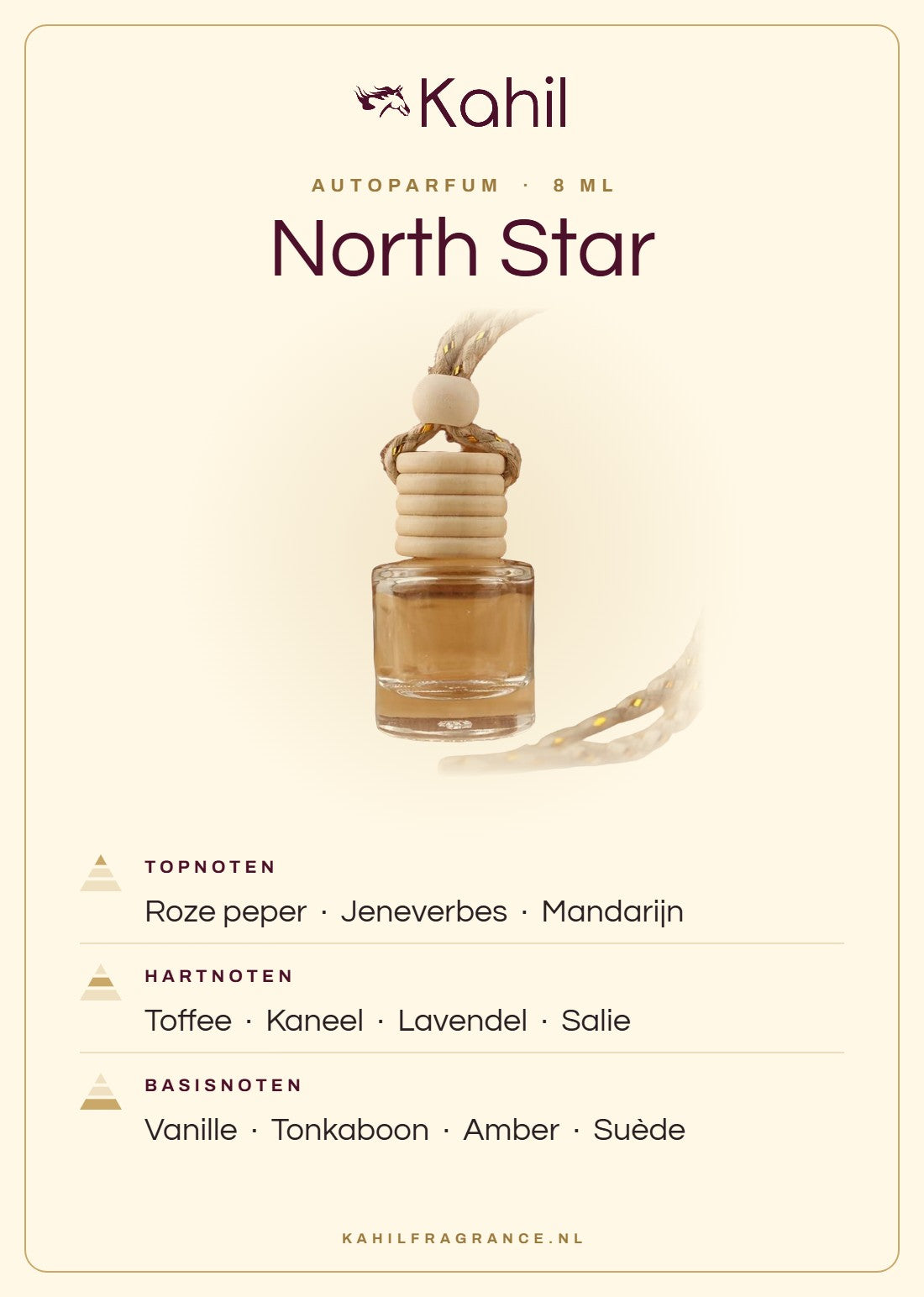 Duftnoten von Kahil North Star Autoparfüm: Kopfnoten Rosa Pfeffer, Wacholder, Mandarine; Herznoten Toffee, Zimt, Lavendel, Salbei; Basisnoten Vanille, Tonkabohne, Amber, Wildleder