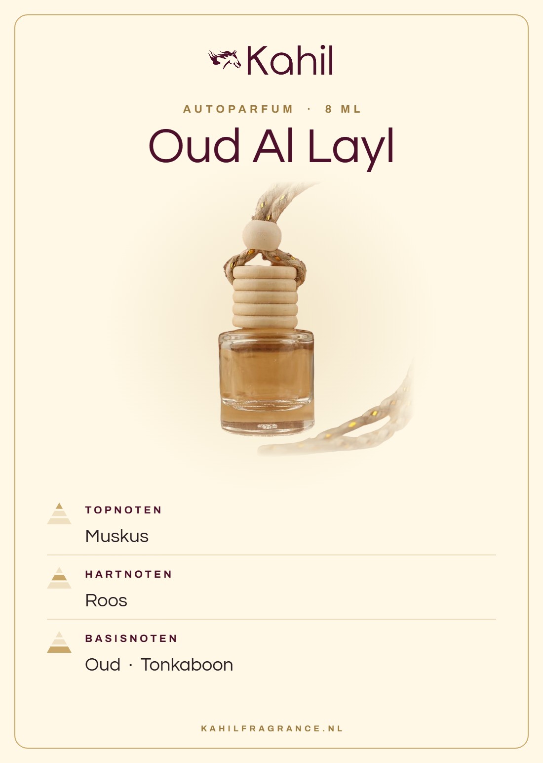 Geurnoten van Kahil Oud Al Layl autoparfum: topnoten muskus; hartnoten roos; basisnoten oud, tonkaboon