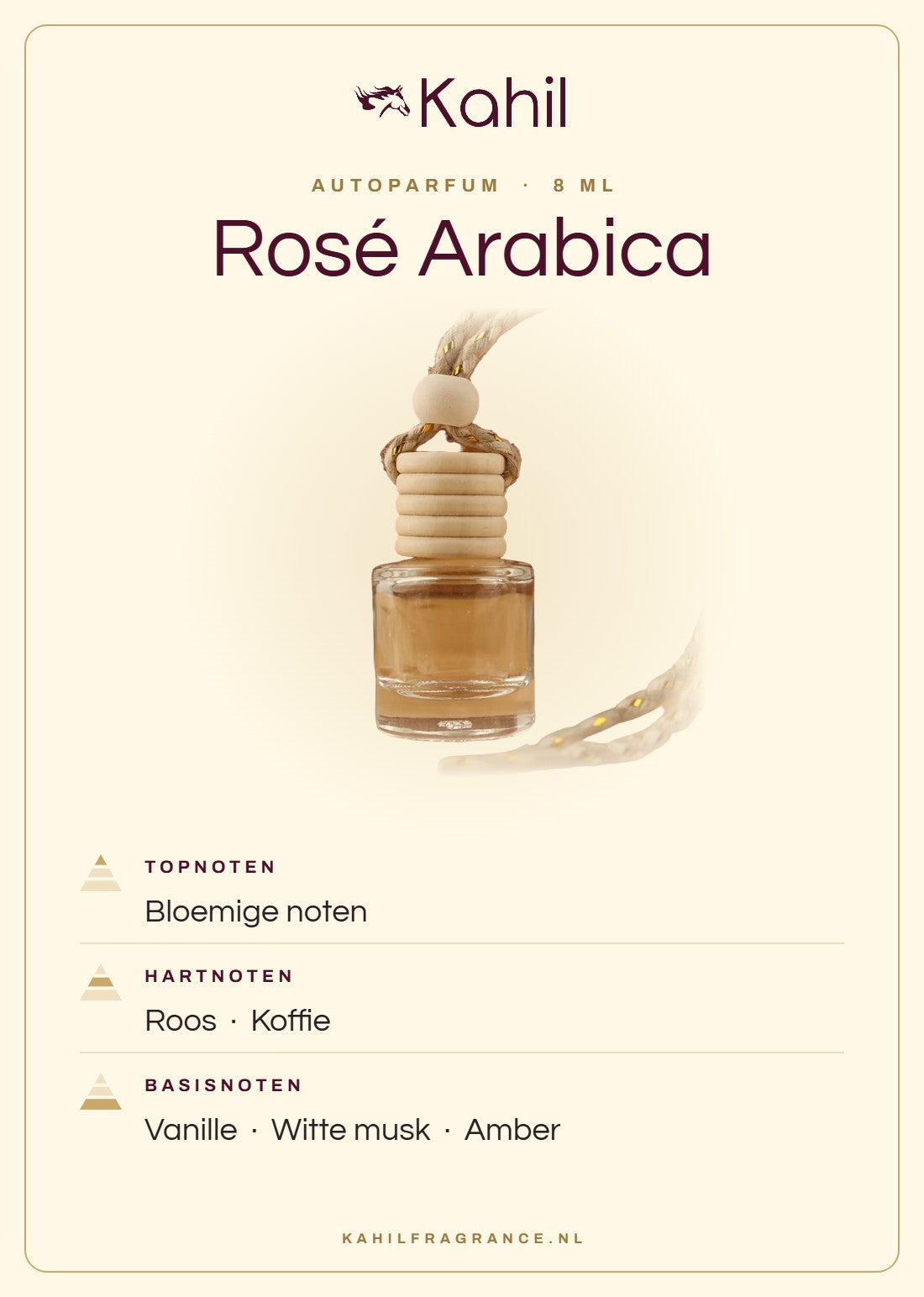 Duftnoten von Kahil Rosé Arabica Autoparfüm: Kopfnoten Blumige Noten; Herznoten Rose, Kaffee; Basisnoten Vanille, Weißer Moschus, Amber