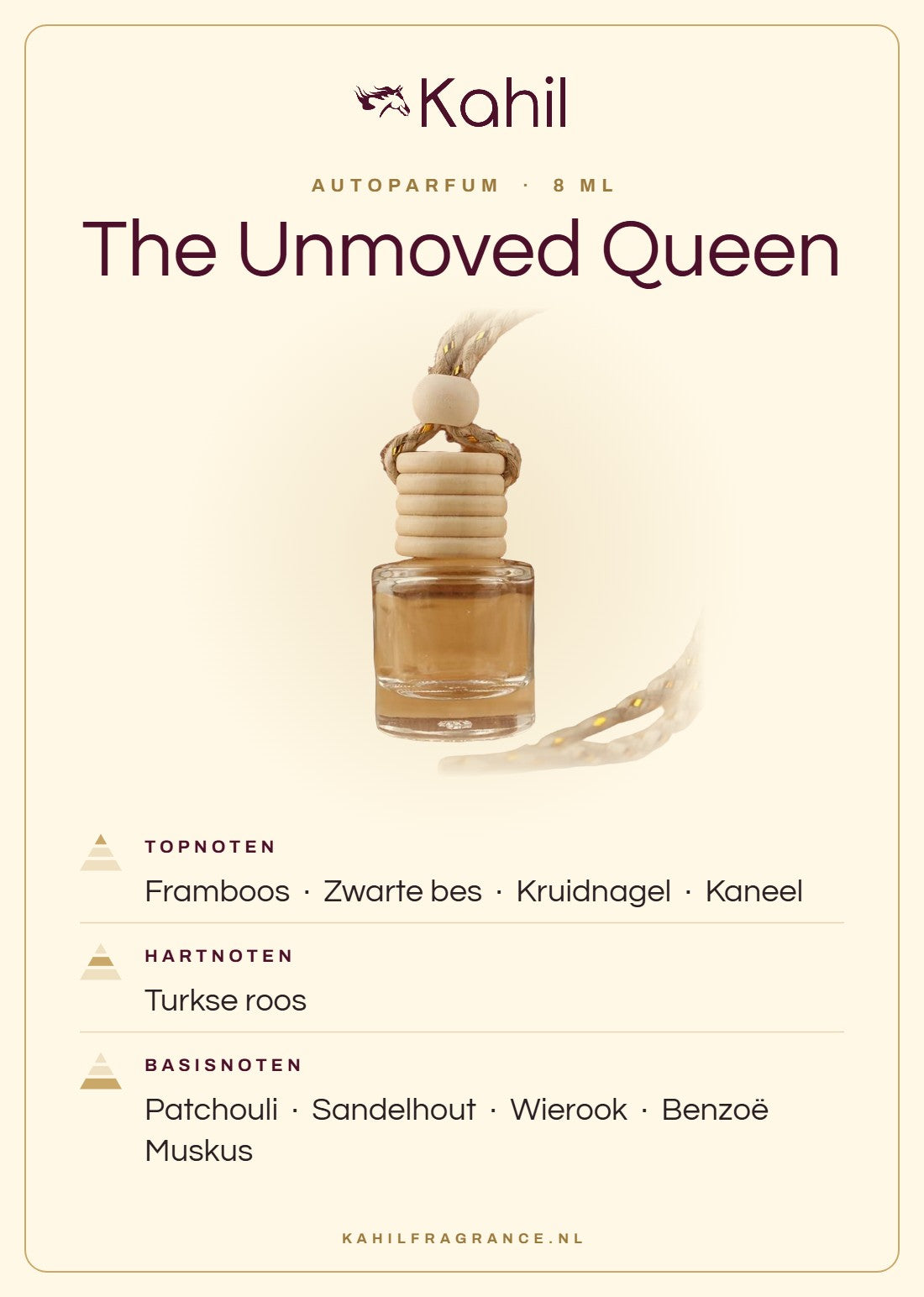 Geurnoten van Kahil The Unmoved Queen autoparfum: topnoten framboos, zwarte bes, kruidnagel, kaneel; hartnoten Turkse roos; basisnoten patchouli, sandelhout, wierook, benzoë, muskus