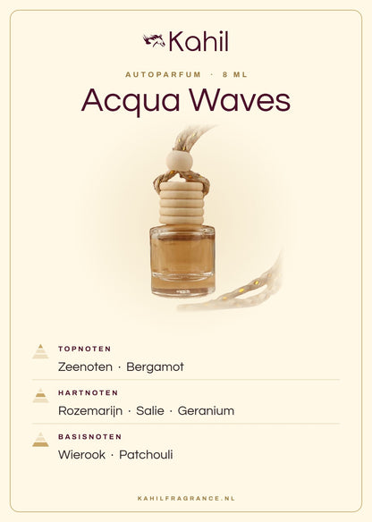 Fragrance notes of Kahil Acqua Waves car perfume: top notes marine notes, bergamot; heart notes rosemary, sage, geranium; base notes incense, patchouli