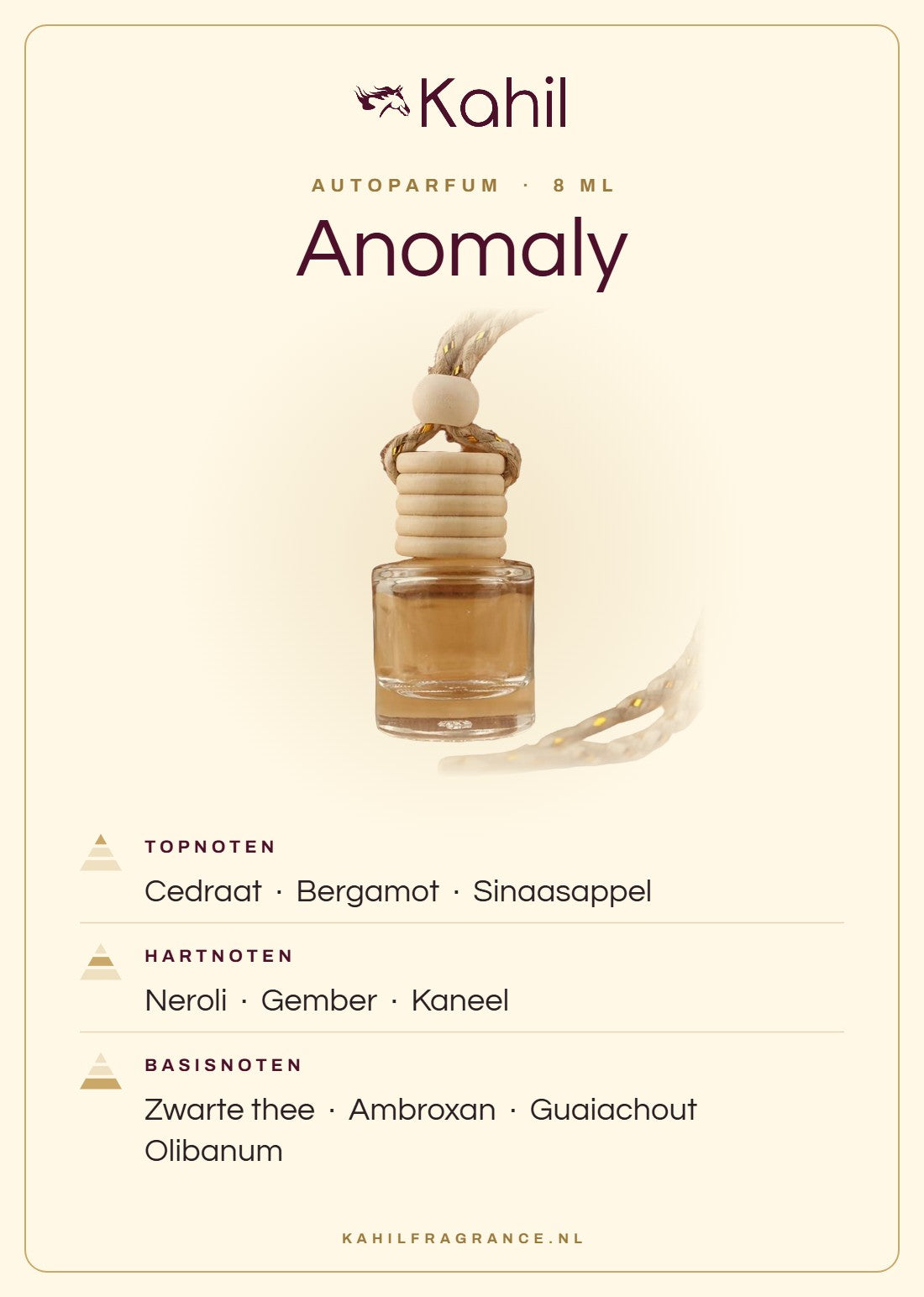 Duftnoten von Kahil Anomaly Autoparfüm: Kopfnoten Zedrat, Bergamotte, Orange; Herznoten Neroli, Ingwer, Zimt; Basisnoten Schwarzer Tee, Ambroxan, Guajakholz, Olibanum