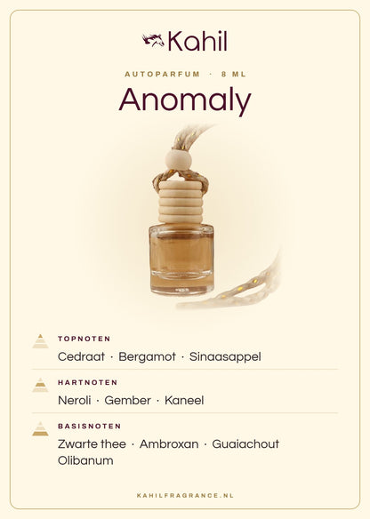 Duftnoten von Kahil Anomaly Autoparfüm: Kopfnoten Zedrat, Bergamotte, Orange; Herznoten Neroli, Ingwer, Zimt; Basisnoten Schwarzer Tee, Ambroxan, Guajakholz, Olibanum