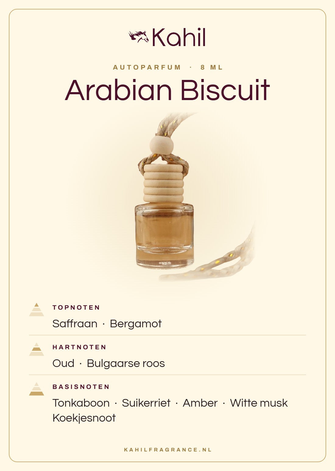 Fragrance notes of Kahil Arabian Biscuit car perfume: top notes saffron, bergamot; heart notes oud, Bulgarian rose; base notes tonka bean, sugar cane, amber, white musk, biscuit accord