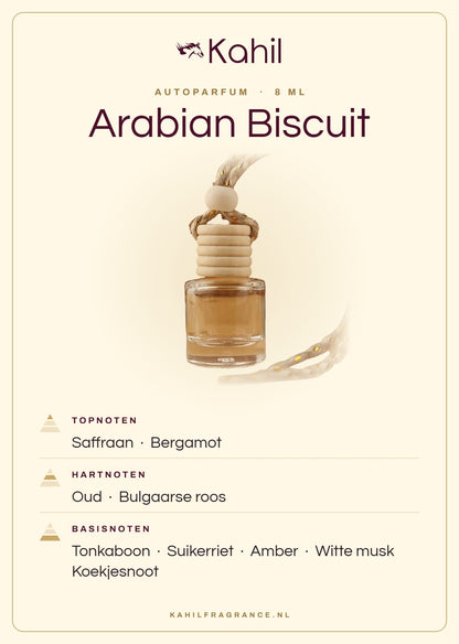 Fragrance notes of Kahil Arabian Biscuit car perfume: top notes saffron, bergamot; heart notes oud, Bulgarian rose; base notes tonka bean, sugar cane, amber, white musk, biscuit accord