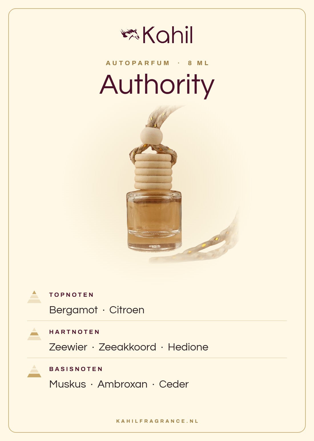 Fragrance notes of Kahil Authority car perfume: top notes bergamot, lemon; heart notes seaweed, marine accord, hedione; base notes musk, ambroxan, cedar