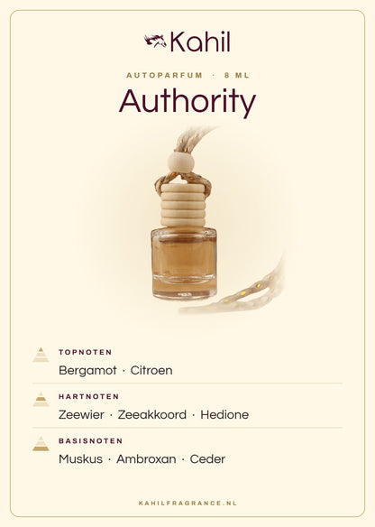 Fragrance notes of Kahil Authority car perfume: top notes bergamot, lemon; heart notes seaweed, marine accord, hedione; base notes musk, ambroxan, cedar