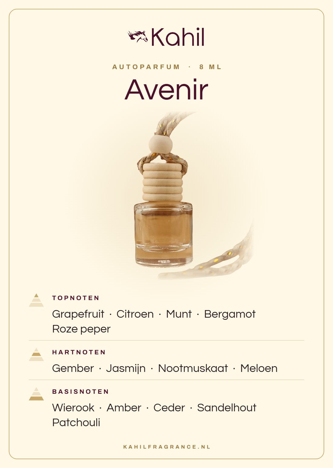 Fragrance notes of Kahil Avenir car perfume: top notes grapefruit, lemon, mint, bergamot, pink pepper; heart notes ginger, jasmine, nutmeg, melon; base notes incense, amber, cedar, sandalwood, patchouli