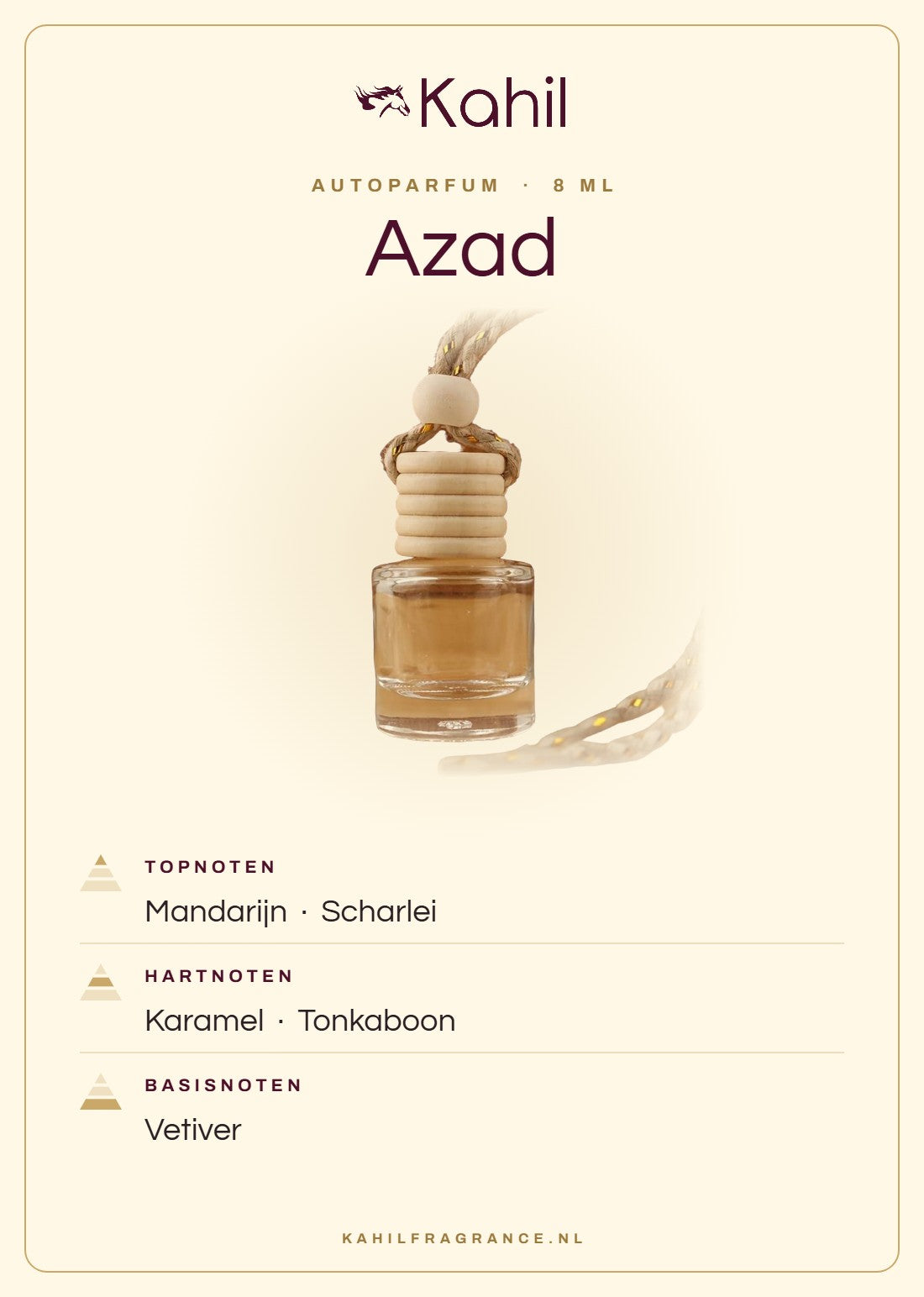 Fragrance notes of Kahil Azad car perfume: top notes mandarin, clary sage; heart notes caramel, tonka bean; base notes vetiver