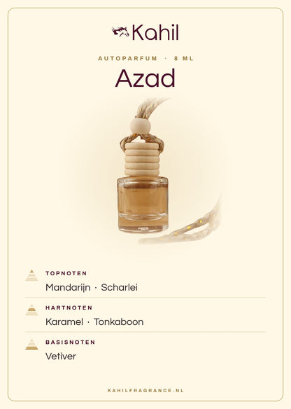 Fragrance notes of Kahil Azad car perfume: top notes mandarin, clary sage; heart notes caramel, tonka bean; base notes vetiver