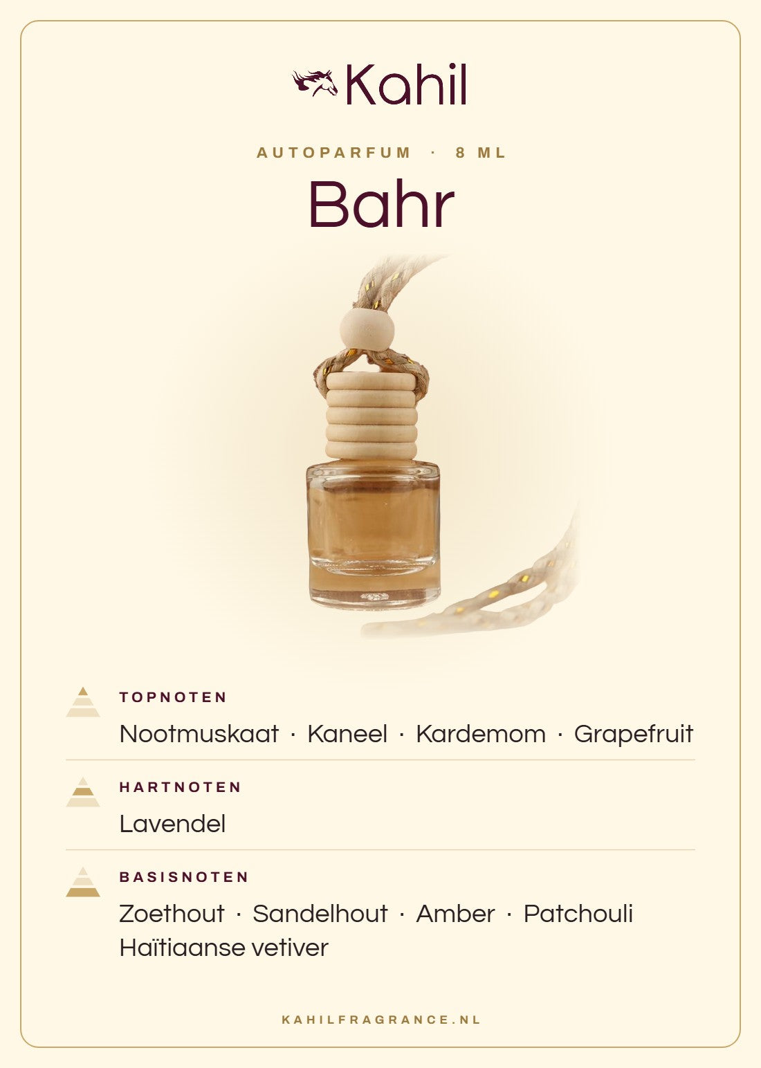 Duftnoten von Kahil Bahr Autoparfüm: Kopfnoten Muskatnuss, Zimt, Kardamom, Grapefruit; Herznoten Lavendel; Basisnoten Lakritz, Sandelholz, Amber, Patchouli, Haitianisches Vetiver