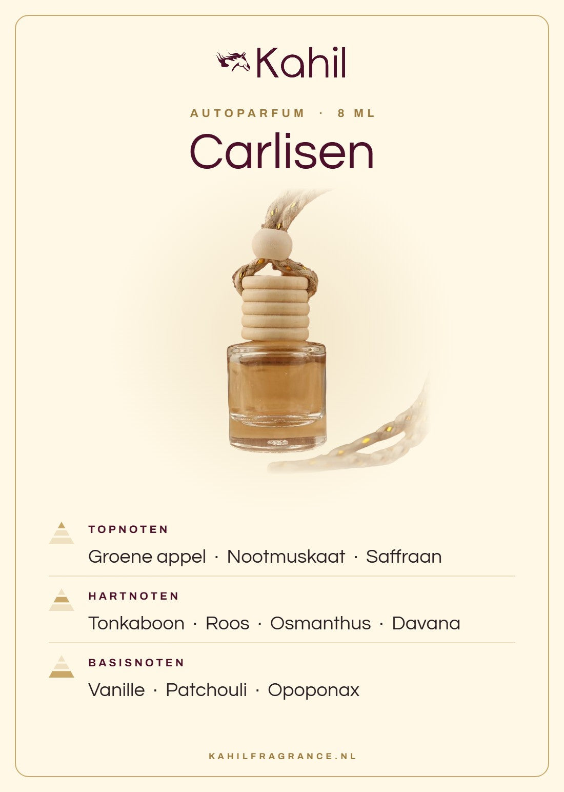 Geurnoten van Kahil Carlisen autoparfum: topnoten groene appel, nootmuskaat, saffraan; hartnoten tonkaboon, roos, osmanthus, davana; basisnoten vanille, patchouli, opoponax
