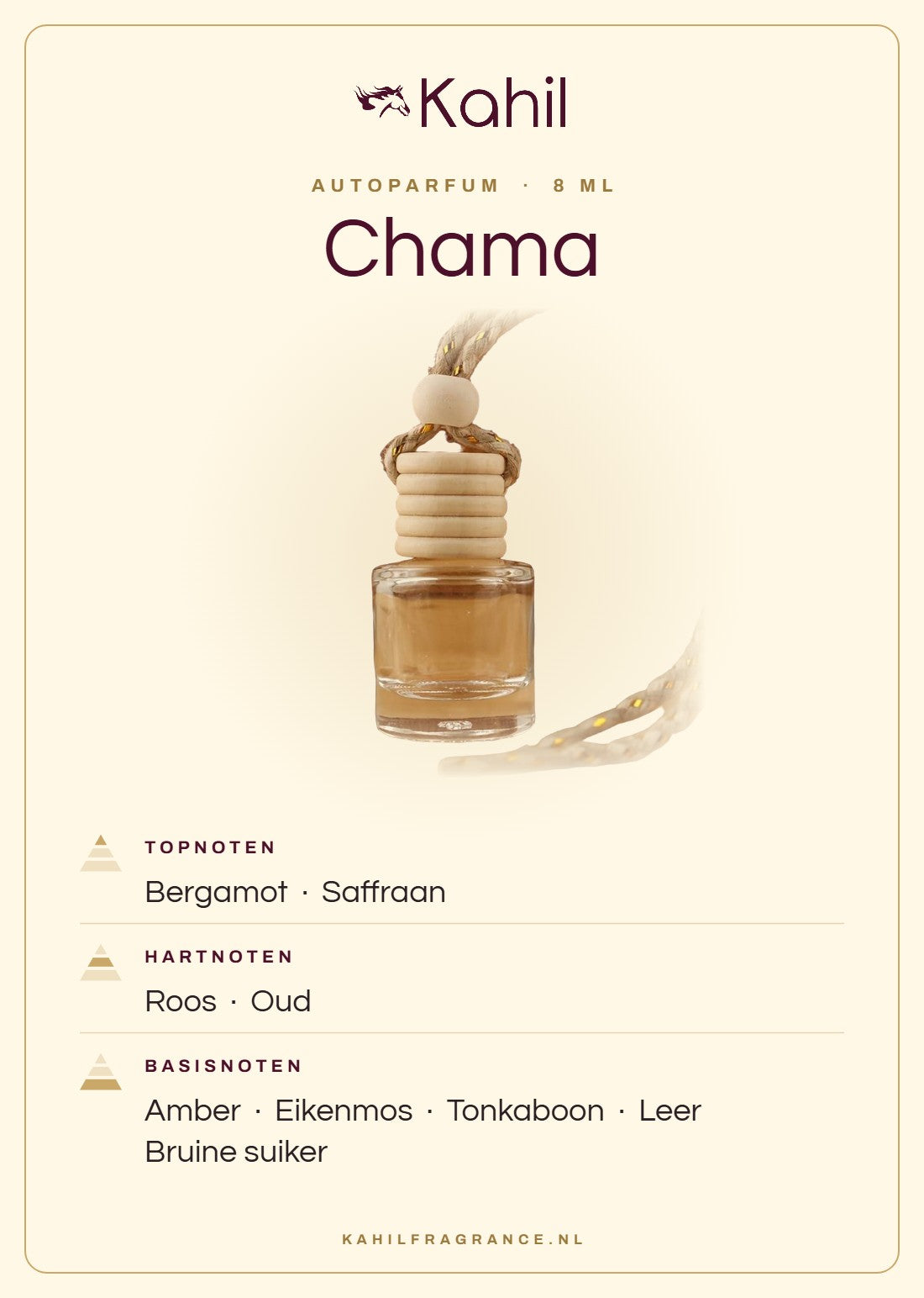 Geurnoten van Kahil Chama autoparfum: topnoten bergamot, saffraan; hartnoten roos, oud; basisnoten amber, eikenmos, tonkaboon, leer, bruine suiker