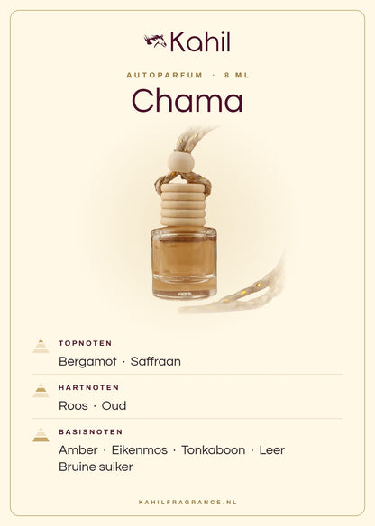 Geurnoten van Kahil Chama autoparfum: topnoten bergamot, saffraan; hartnoten roos, oud; basisnoten amber, eikenmos, tonkaboon, leer, bruine suiker