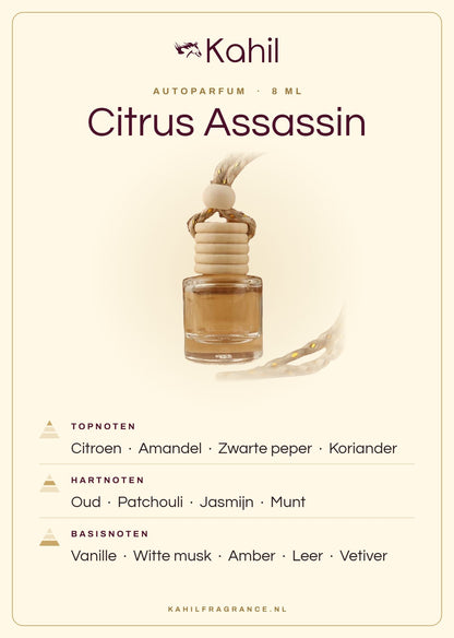 Geurnoten van Kahil Citrus Assassin autoparfum: topnoten citroen, amandel, zwarte peper, koriander; hartnoten oud, patchouli, jasmijn, munt; basisnoten vanille, witte musk, amber, leer, vetiver
