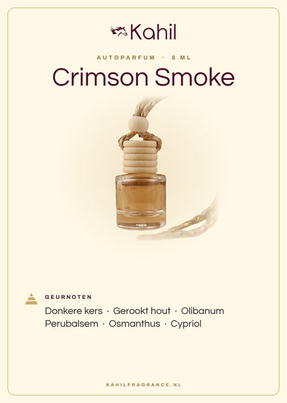 Duftnoten von Kahil Crimson Smoke Autoparfüm: Dunkle Kirsche, Rauchiges Holz, Olibanum, Perubalsam, Osmanthus, Cypriol