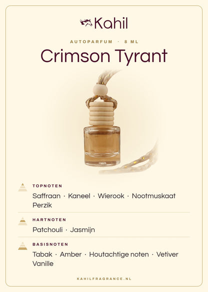 Geurnoten van Kahil Crimson Tyrant autoparfum: topnoten saffraan, kaneel, wierook, nootmuskaat, perzik; hartnoten patchouli, jasmijn; basisnoten tabak, amber, houtachtige noten, vetiver, vanille