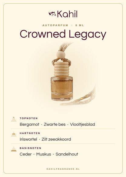 Fragrance notes of Kahil Crowned Legacy car perfume: top notes bergamot, blackcurrant, violet leaf; heart notes orris, salty marine accord; base notes cedar, musk, sandalwood