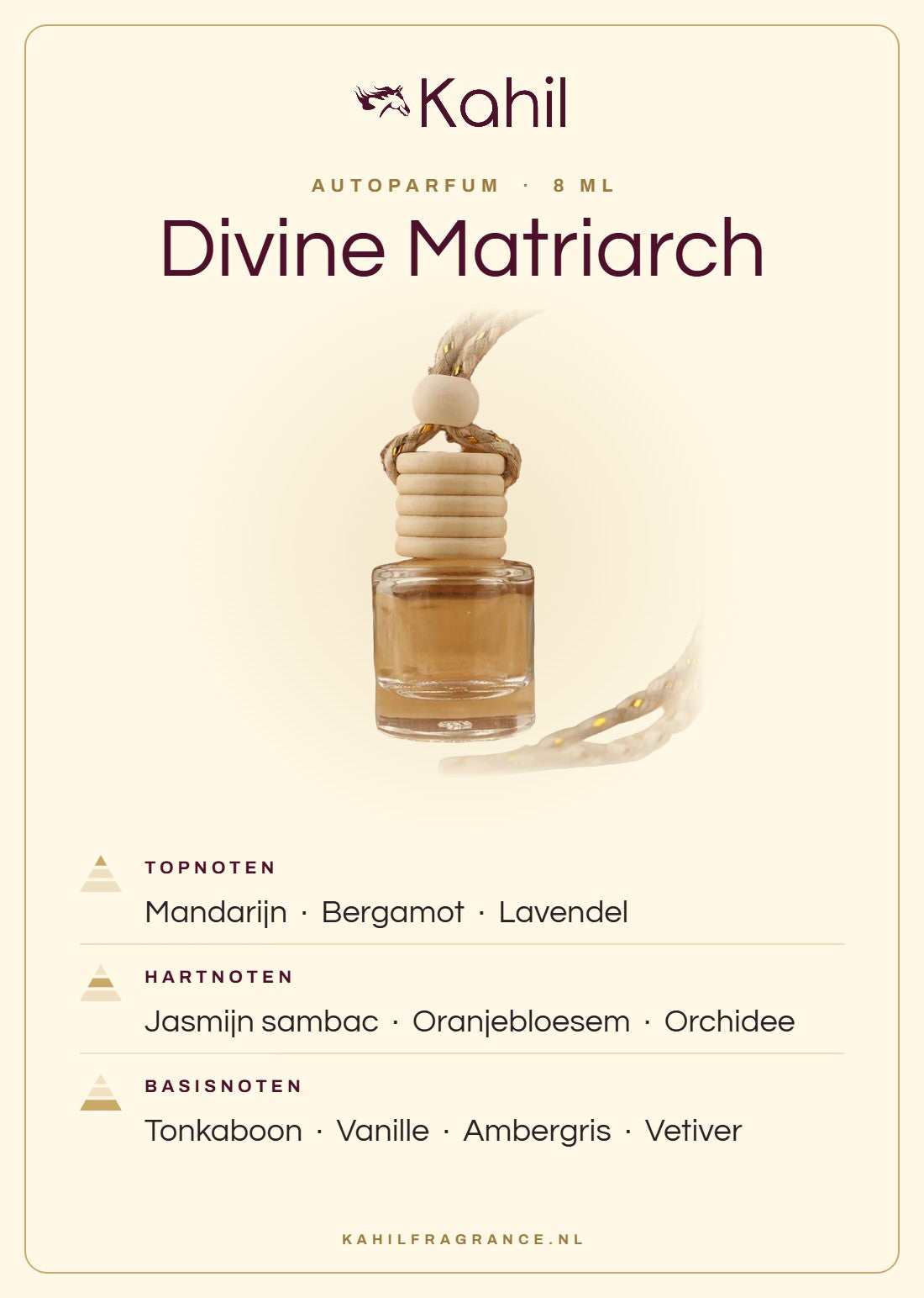 Fragrance notes of Kahil Divine Matriarch car perfume: top notes mandarin, bergamot, lavender; heart notes jasmine sambac, orange blossom, orchid; base notes tonka bean, vanilla, ambergris, vetiver