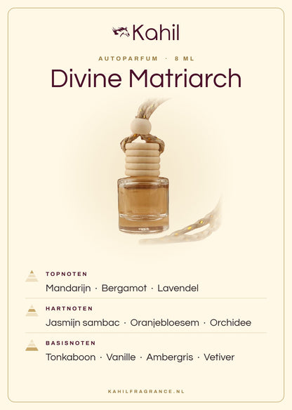 Fragrance notes of Kahil Divine Matriarch car perfume: top notes mandarin, bergamot, lavender; heart notes jasmine sambac, orange blossom, orchid; base notes tonka bean, vanilla, ambergris, vetiver