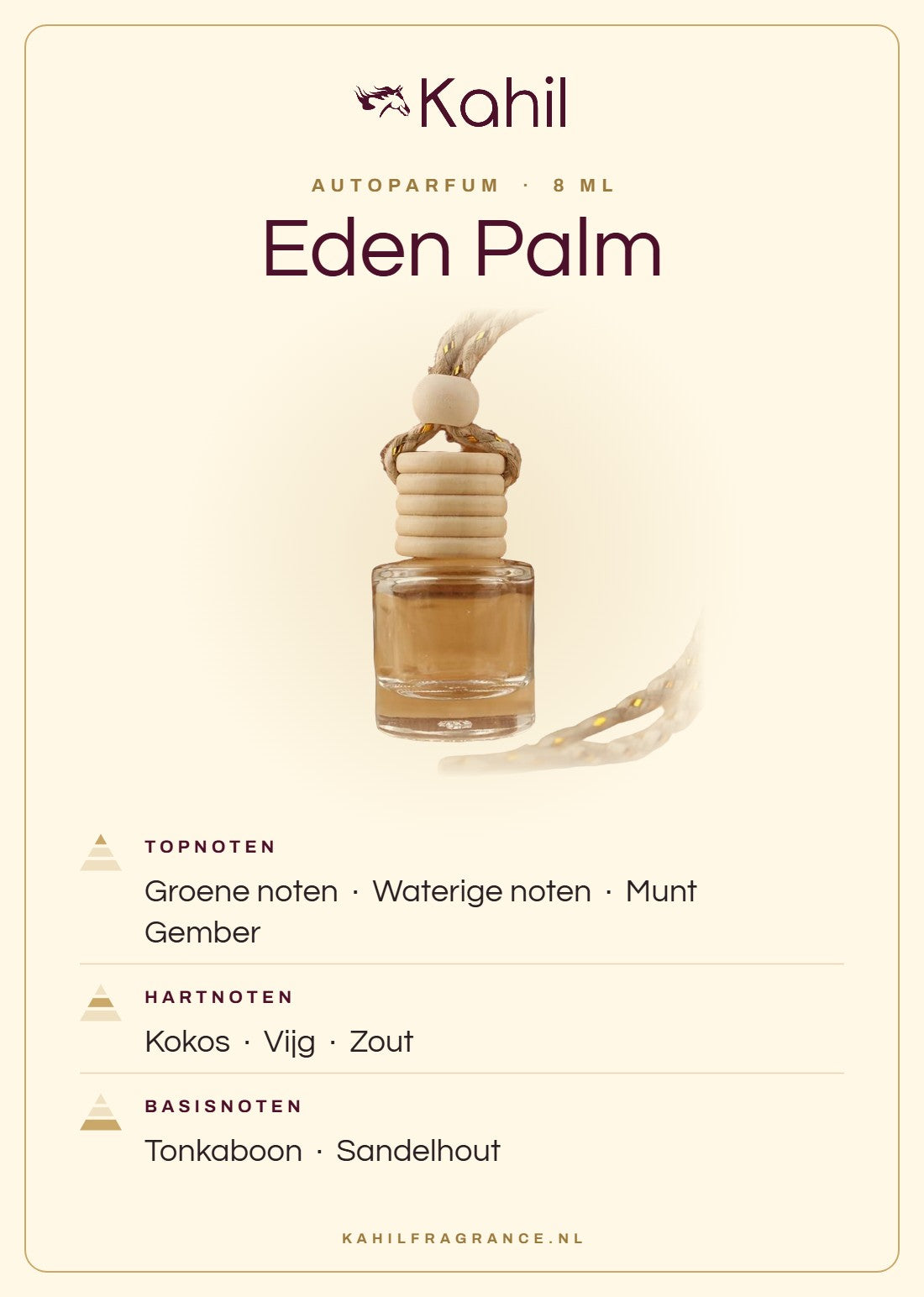 Duftnoten von Kahil Eden Palm Autoparfüm: Kopfnoten Grüne Noten, Wässrige Noten, Minze, Ingwer; Herznoten Kokosnuss, Feige, Salz; Basisnoten Tonkabohne, Sandelholz