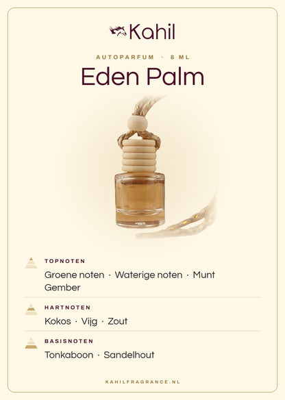 Duftnoten von Kahil Eden Palm Autoparfüm: Kopfnoten Grüne Noten, Wässrige Noten, Minze, Ingwer; Herznoten Kokosnuss, Feige, Salz; Basisnoten Tonkabohne, Sandelholz