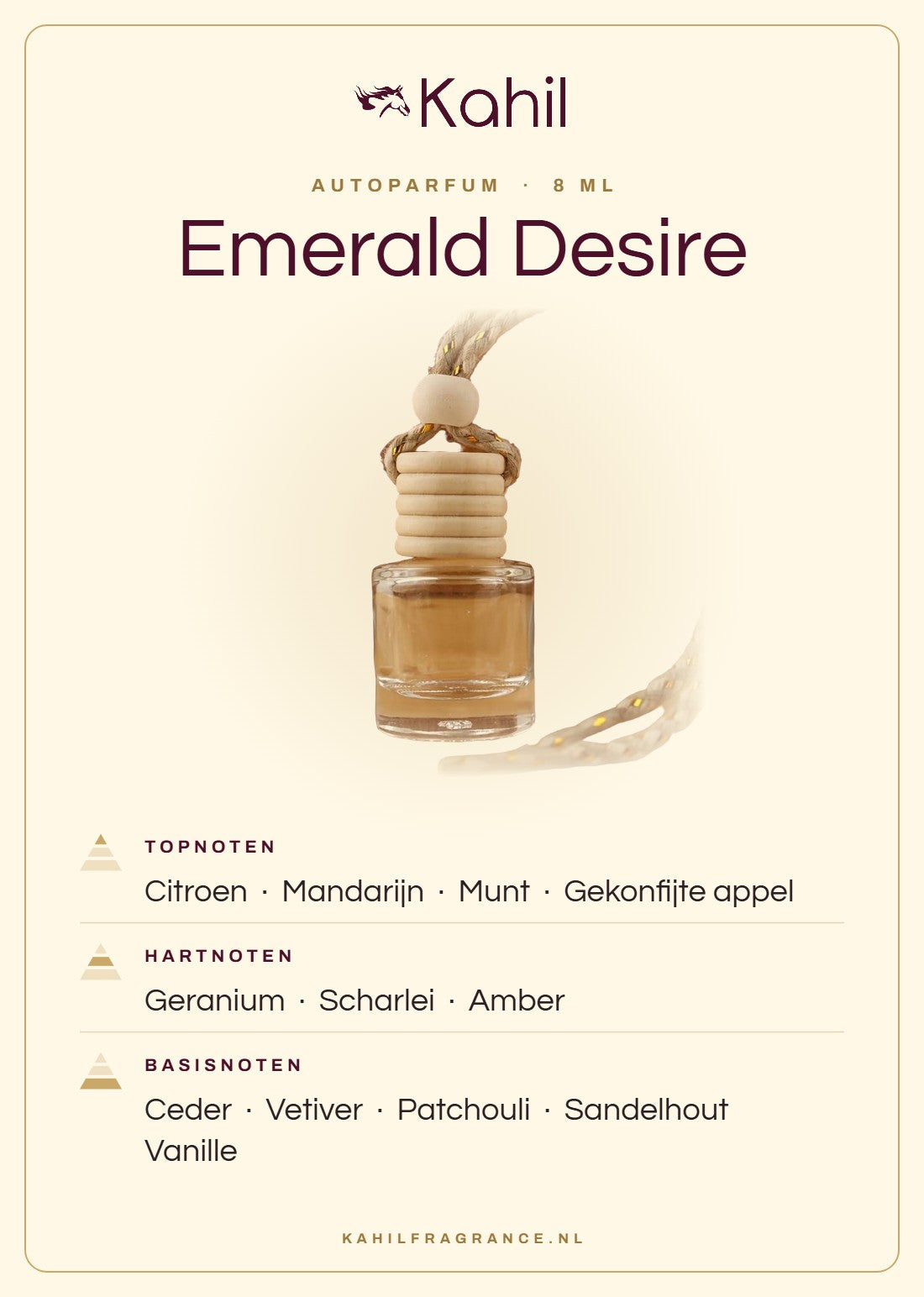 Geurnoten van Kahil Emerald Desire autoparfum: topnoten citroen, mandarijn, munt, gekonfijte appel; hartnoten geranium, scharlei, amber; basisnoten ceder, vetiver, patchouli, sandelhout, vanille