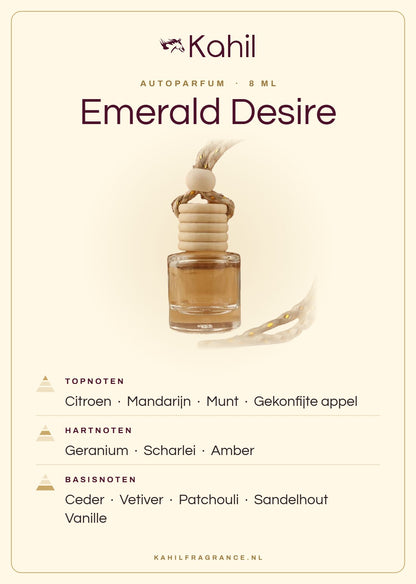 Geurnoten van Kahil Emerald Desire autoparfum: topnoten citroen, mandarijn, munt, gekonfijte appel; hartnoten geranium, scharlei, amber; basisnoten ceder, vetiver, patchouli, sandelhout, vanille
