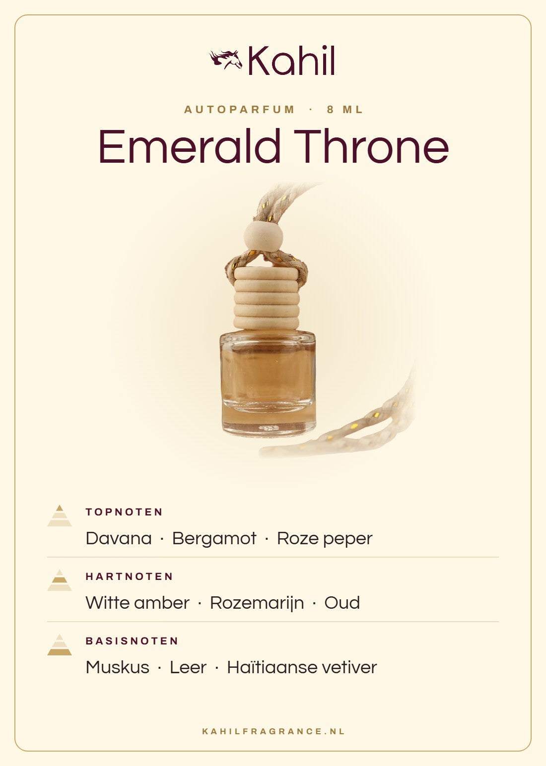 Fragrance notes of Kahil Emerald Throne car perfume: top notes davana, bergamot, pink pepper; heart notes white amber, rosemary, oud; base notes musk, leather, Haitian vetiver