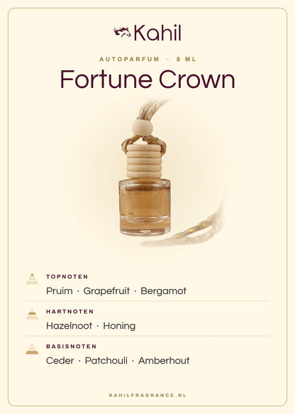Geurnoten van Kahil Fortune Crown autoparfum: topnoten pruim, grapefruit, bergamot; hartnoten hazelnoot, honing; basisnoten ceder, patchouli, amberhout