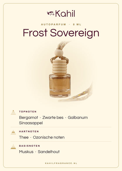 Geurnoten van Kahil Frost Sovereign autoparfum: topnoten bergamot, zwarte bes, galbanum, sinaasappel; hartnoten thee, ozonische noten; basisnoten muskus, sandelhout
