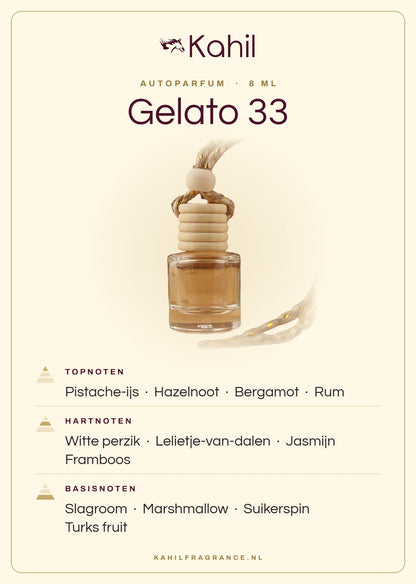 Geurnoten van Kahil Gelato 33 autoparfum: topnoten pistache-ijs, hazelnoot, bergamot, rum; hartnoten witte perzik, lelietje-van-dalen, jasmijn, framboos; basisnoten slagroom, marshmallow, suikerspin, Turks fruit