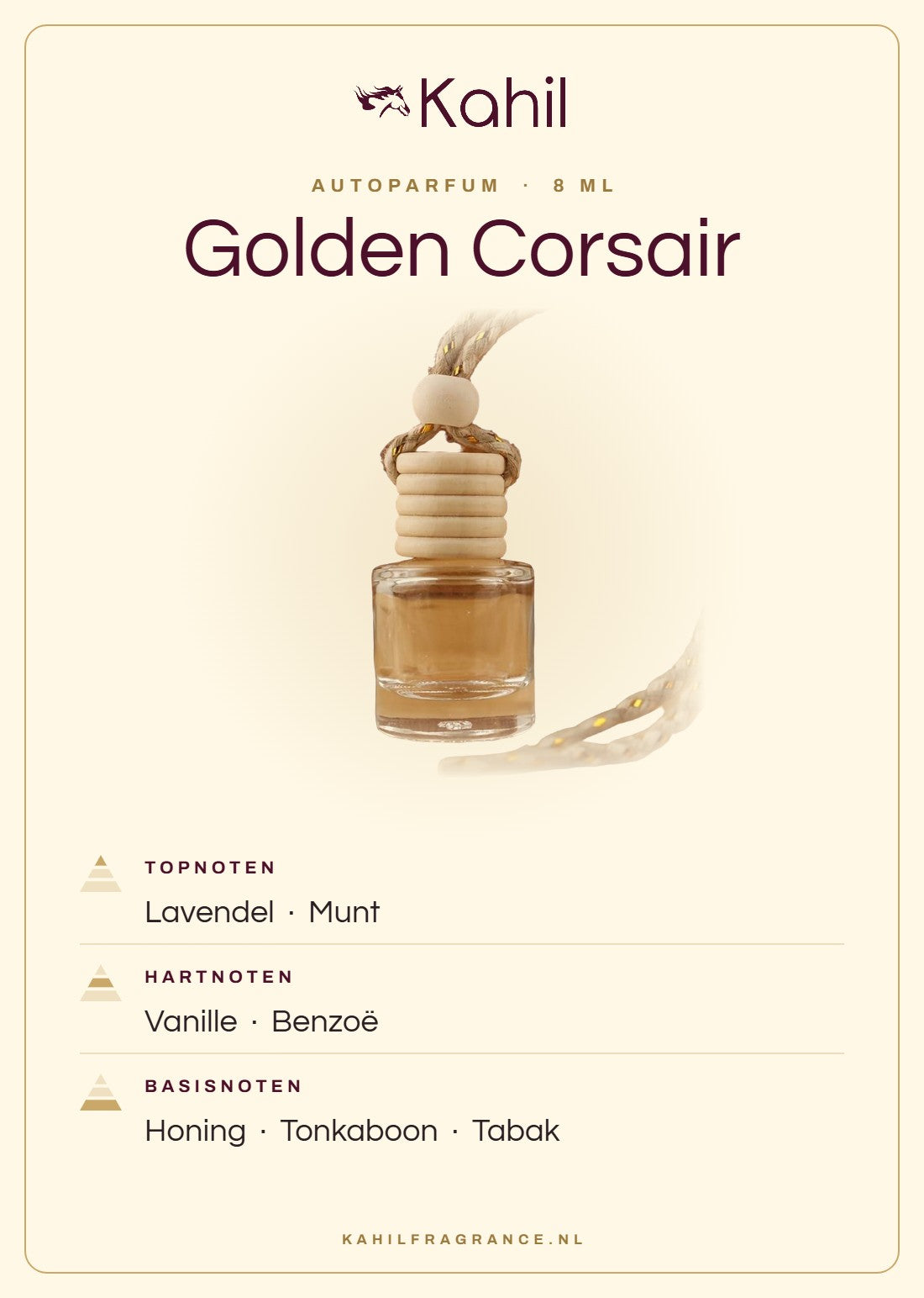 Geurnoten van Kahil Golden Corsair autoparfum: topnoten lavendel, munt; hartnoten vanille, benzoë; basisnoten honing, tonkaboon, tabak