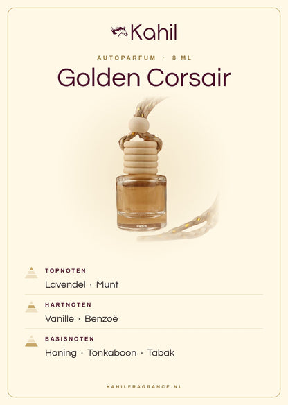 Geurnoten van Kahil Golden Corsair autoparfum: topnoten lavendel, munt; hartnoten vanille, benzoë; basisnoten honing, tonkaboon, tabak