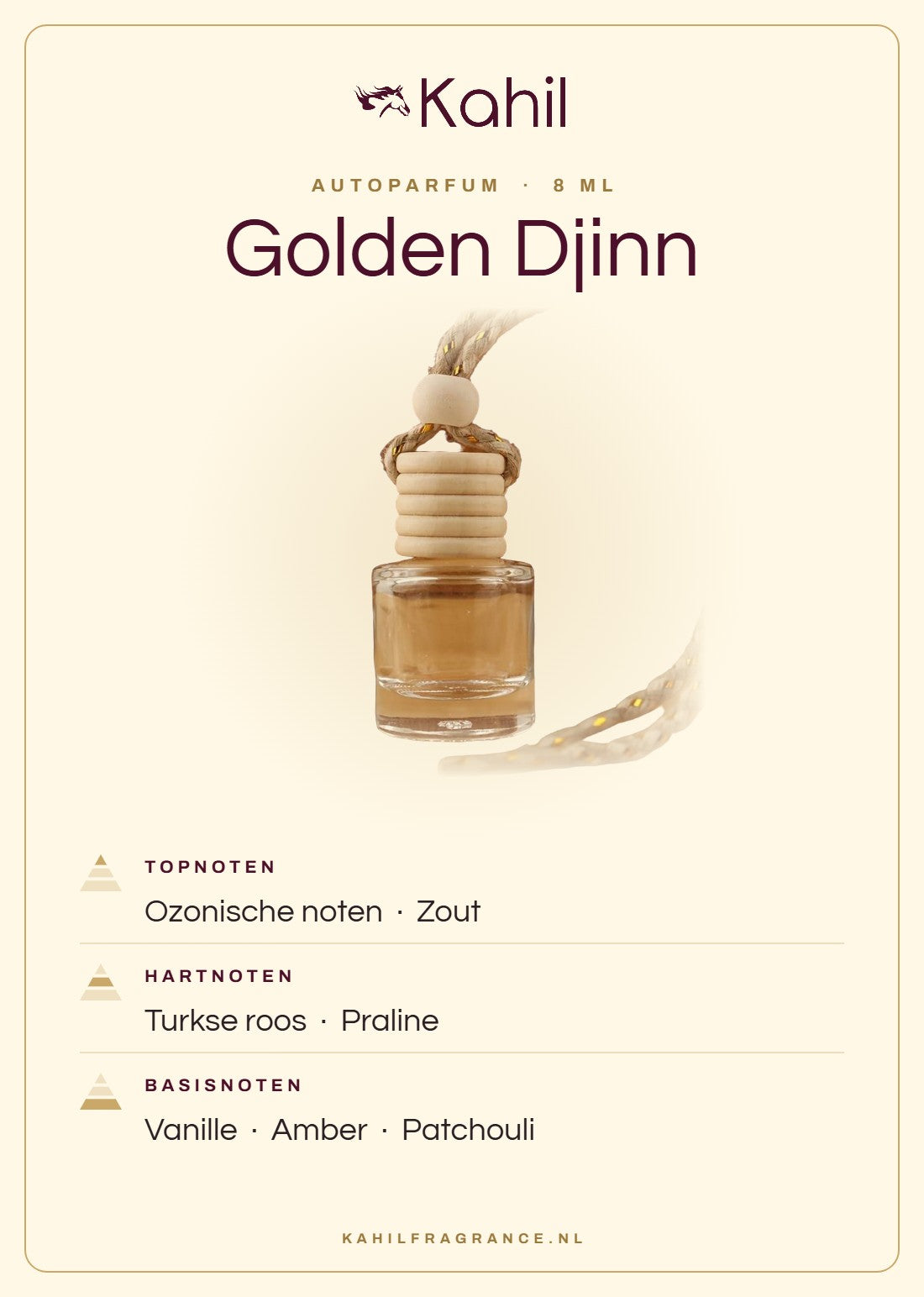 Duftnoten von Kahil Golden Djinn Autoparfüm: Kopfnoten Ozonische Noten, Salz; Herznoten Türkische Rose, Praliné; Basisnoten Vanille, Amber, Patchouli