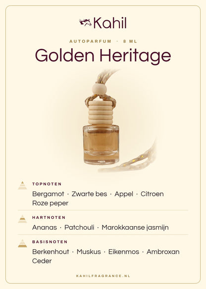 Duftnoten von Kahil Golden Heritage Autoparfüm: Kopfnoten Bergamotte, Schwarze Johannisbeere, Apfel, Zitrone, Rosa Pfeffer; Herznoten Ananas, Patchouli, Marokkanischer Jasmin; Basisnoten Birkenholz, Moschus, Eichenmoos, Ambroxan, Zeder