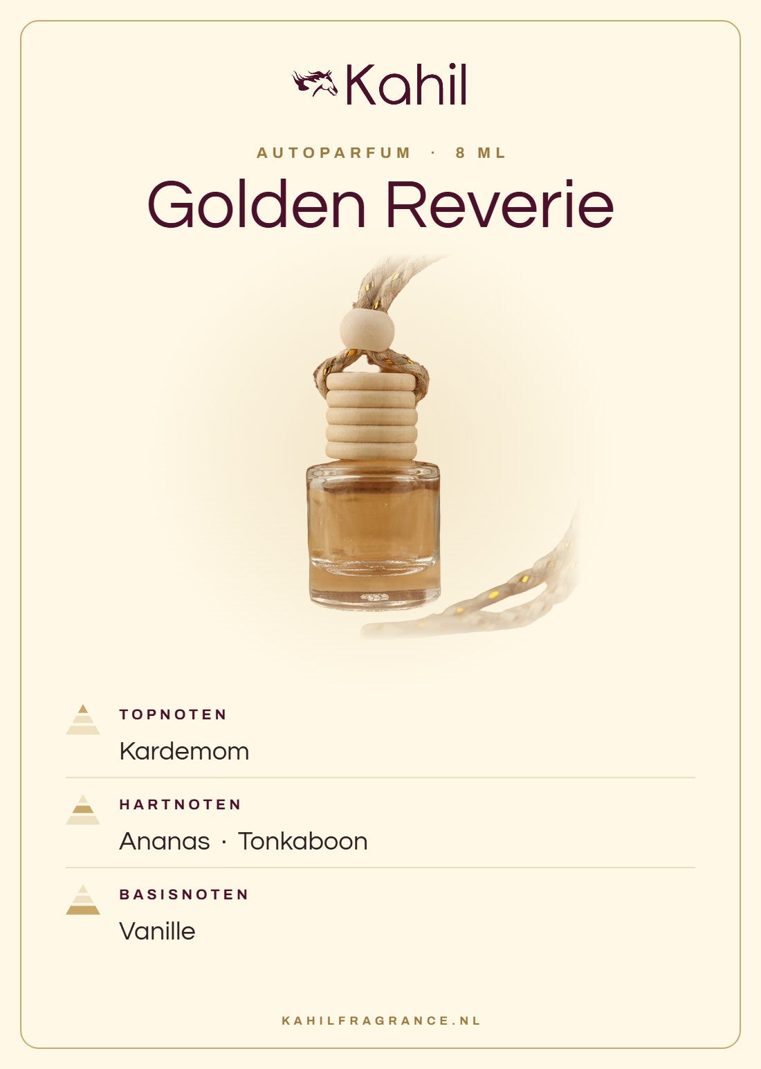 Duftnoten von Kahil Golden Reverie Autoparfüm: Kopfnoten Kardamom; Herznoten Ananas, Tonkabohne; Basisnoten Vanille