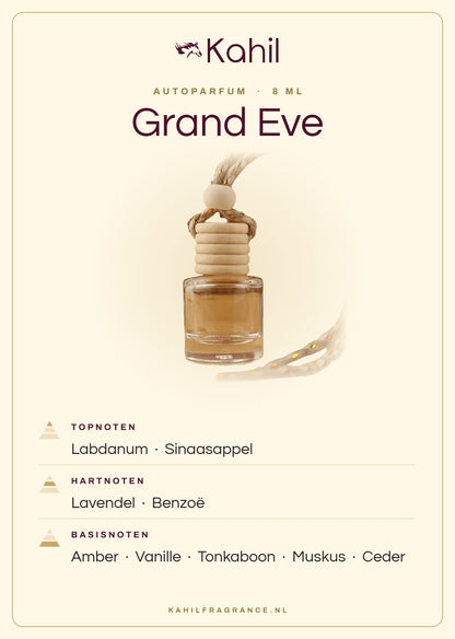 Geurnoten van Kahil Grand Eve autoparfum: topnoten labdanum, sinaasappel; hartnoten lavendel, benzoë; basisnoten amber, vanille, tonkaboon, muskus, ceder