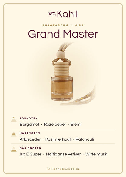 Fragrance notes of Kahil Grand Master car perfume: top notes bergamot, pink pepper, elemi; heart notes Atlas cedar, cashmere wood, patchouli; base notes Iso E Super, Haitian vetiver, white musk